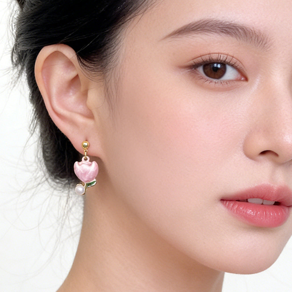 A廠【7507】森系清新甜美琺瑯滴釉手工彩繪鬱金香耳環飾品耳飾
 26.04-3