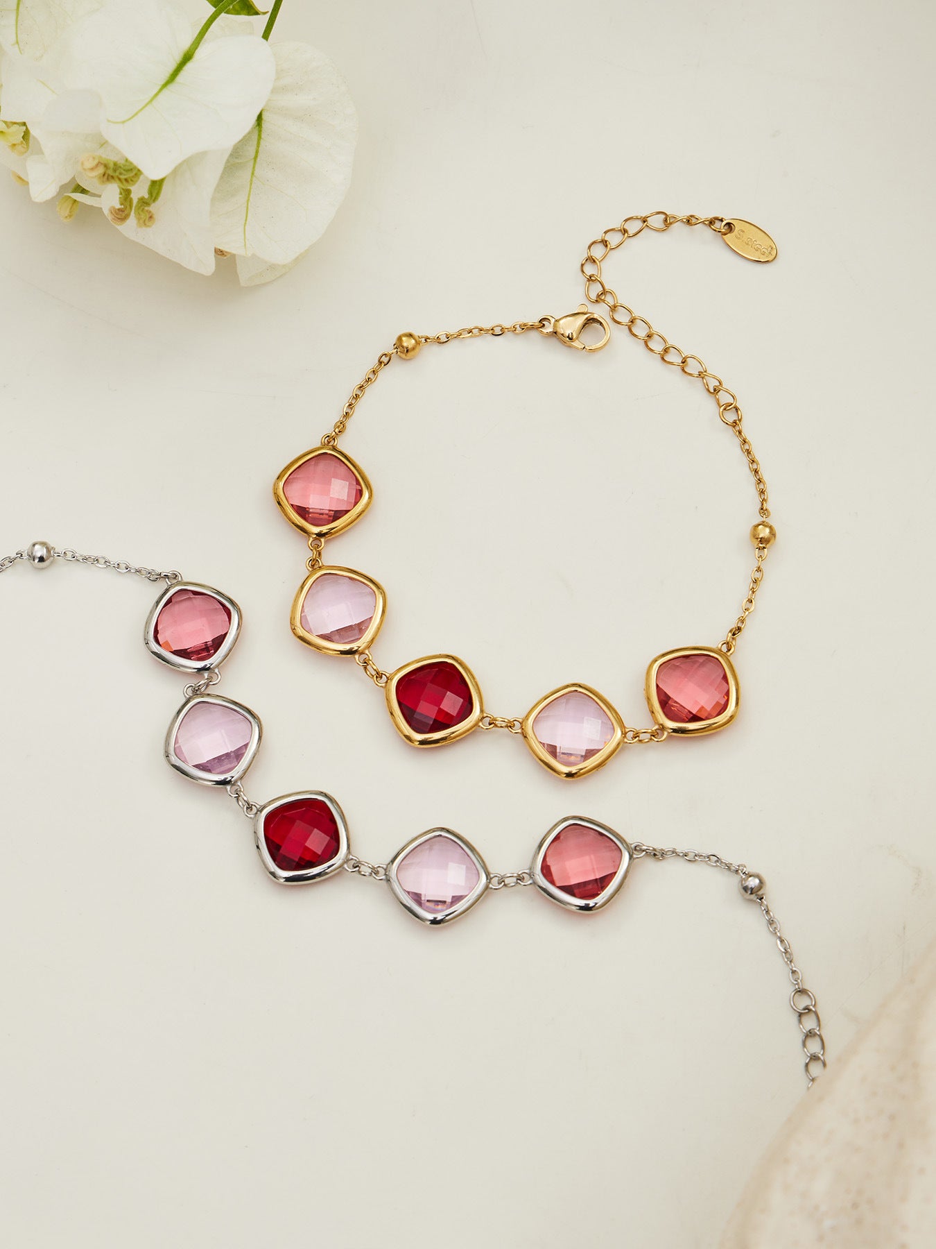 B廠【TXP512】不銹鋼正方形切面玻璃石手鍊項鍊耳環套裝歐美風潮酷氣質珠寶首飾
 25.12-2