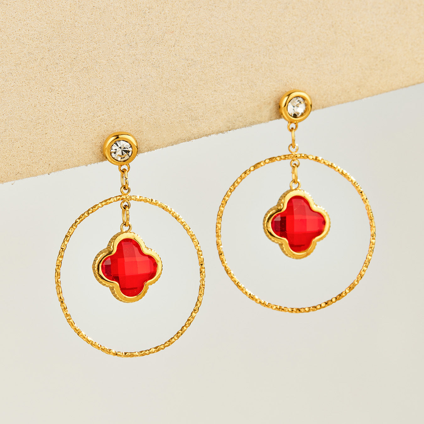 B廠【F874】跨境雙層四葉花玻璃石不銹鋼鍍18k金 耳環個性復古百搭飾品女耳飾
 26.08-3