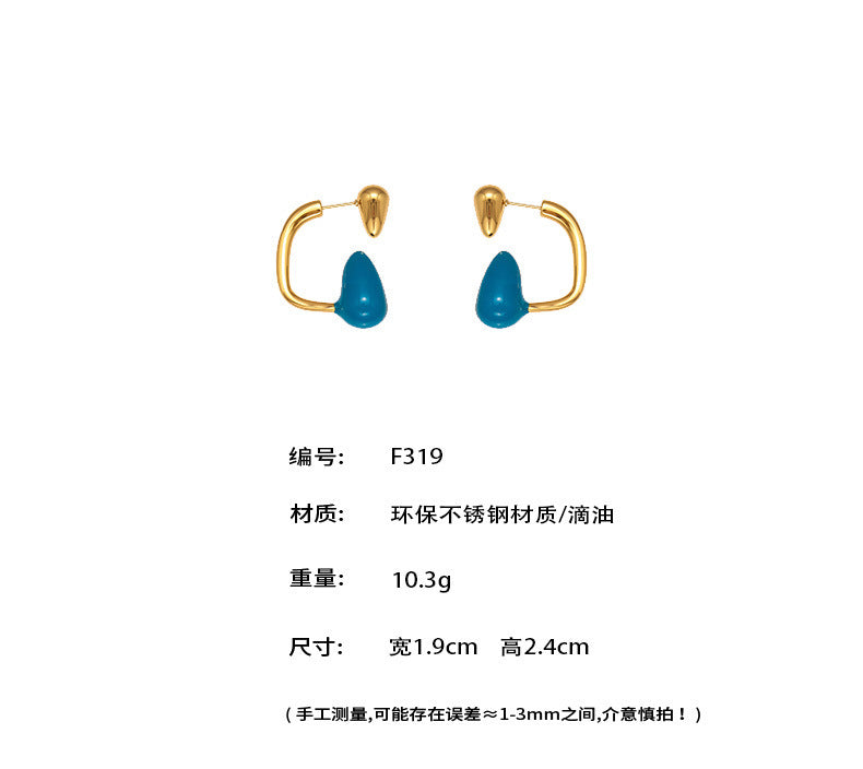 B廠【F319】不鏽鋼幾何水滴耳環鍍18k金琺瑯彩釉滴油個性百搭膠塞耳飾
 25.11-1