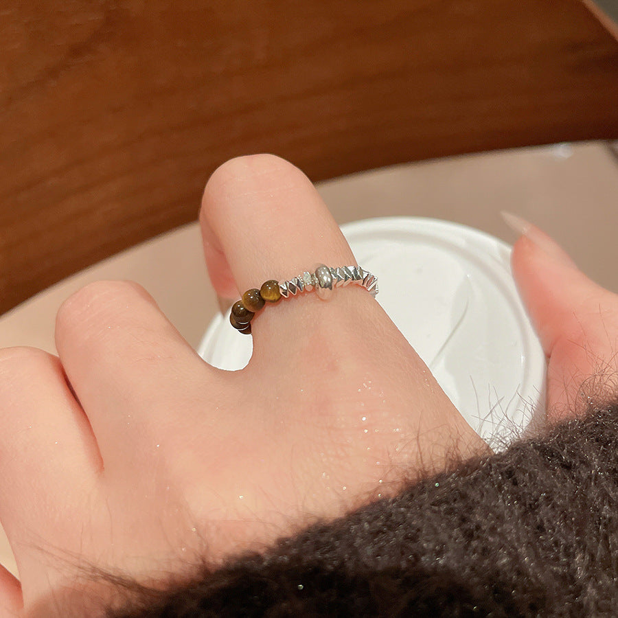A廠【HR2812 】碎銀虎眼石串珠戒指女新款美拉德食指戒新中式復古民族風咖色指環
 25.11-2