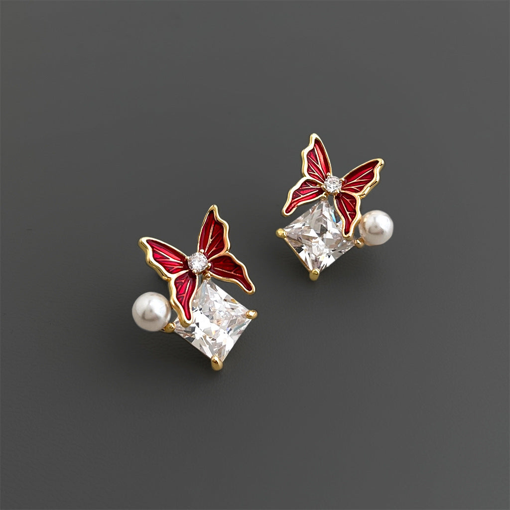 A廠【7215】原創時尚高級感鑲嵌鋯石蝴蝶幾何925銀針新款耳環創意設計師耳環
 25.12-2