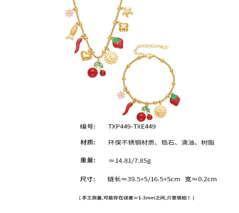 B廠【TXP449】櫻桃滴油小菊花手鍊項鍊diy不鏽鋼鍍18K金歐美百搭珠寶首飾
 25.10-4
