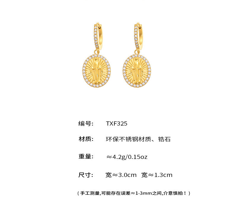 B廠【TXF325】超閃5A鋯石圓牌耶穌滿鑽設計耳環戒指組不鏽鋼18k鍍真金 25.08-2