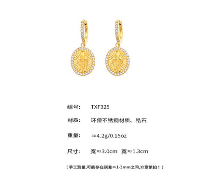 B廠【TXF325】超閃5A鋯石圓牌耶穌滿鑽設計耳環戒指組不鏽鋼18k鍍真金 25.08-2