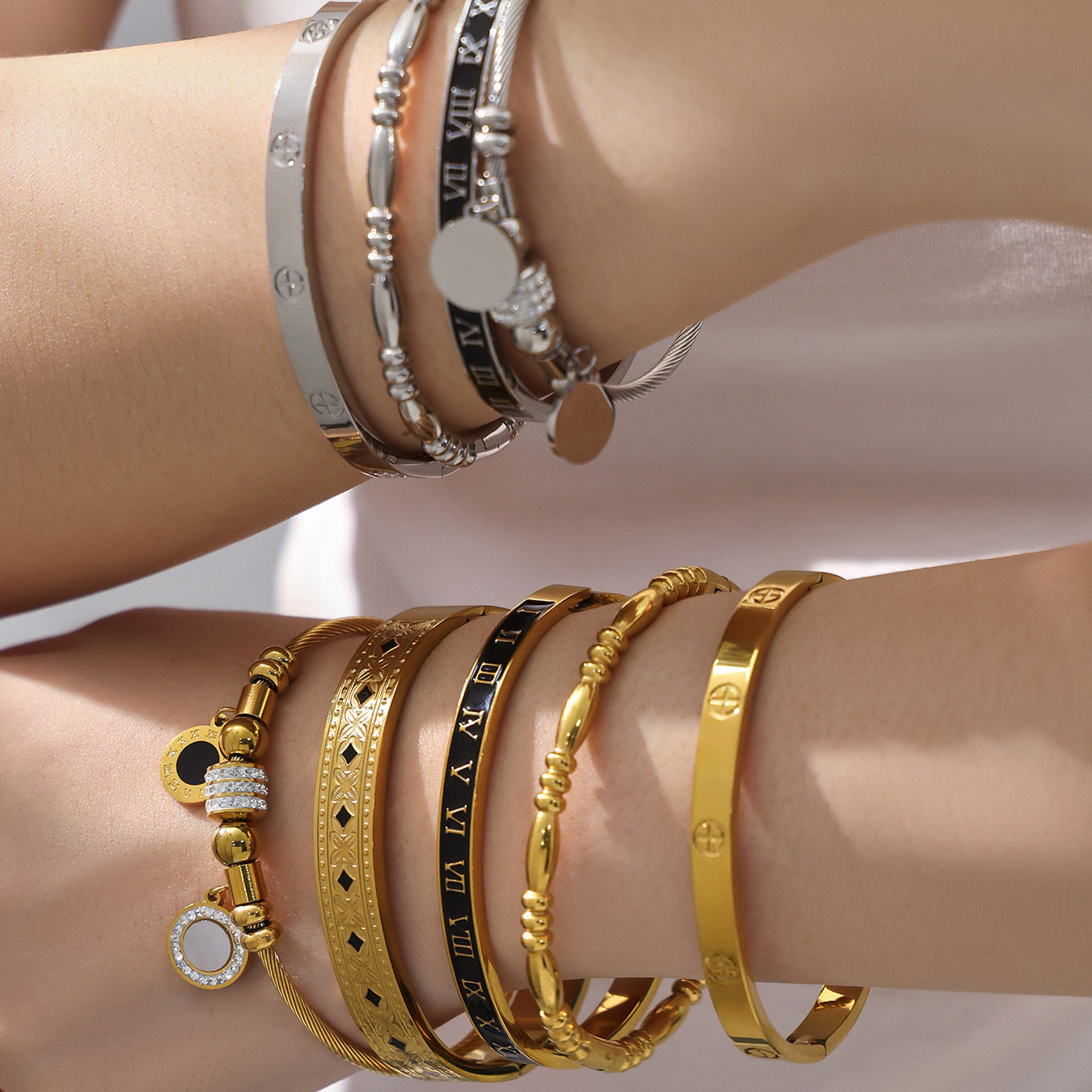 B廠【Z260】不鏽鋼羅馬數字滴油十字卡扣手鐲多款造型手環組合飾品鍍18k真金
 26.01-1