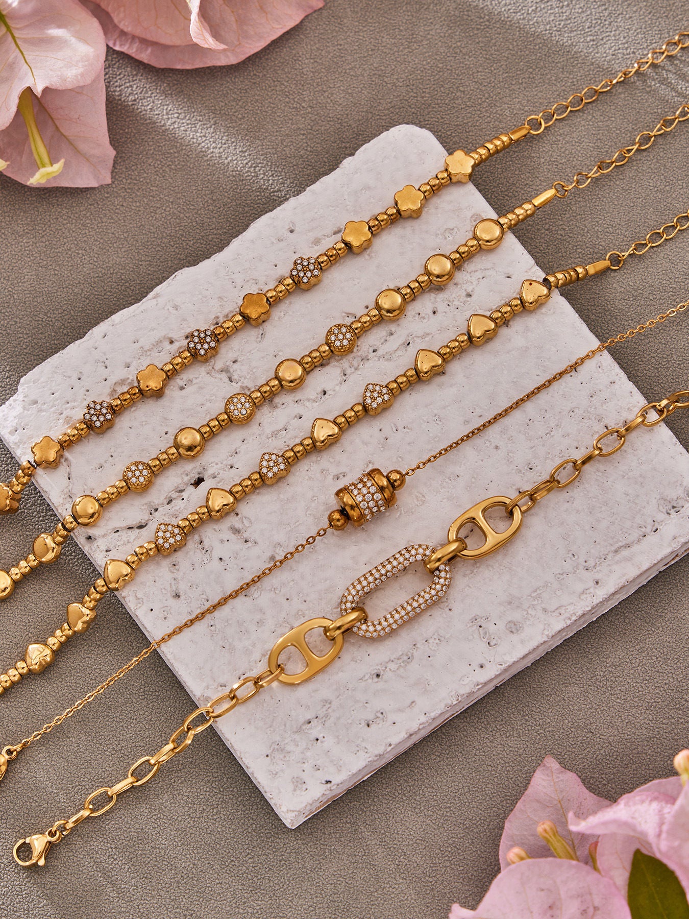 B廠【E223】歐美風氣質百搭日字微鑲鋯石手鍊組合不鏽鋼鍍18k真金時尚冷淡風
 26.03-2