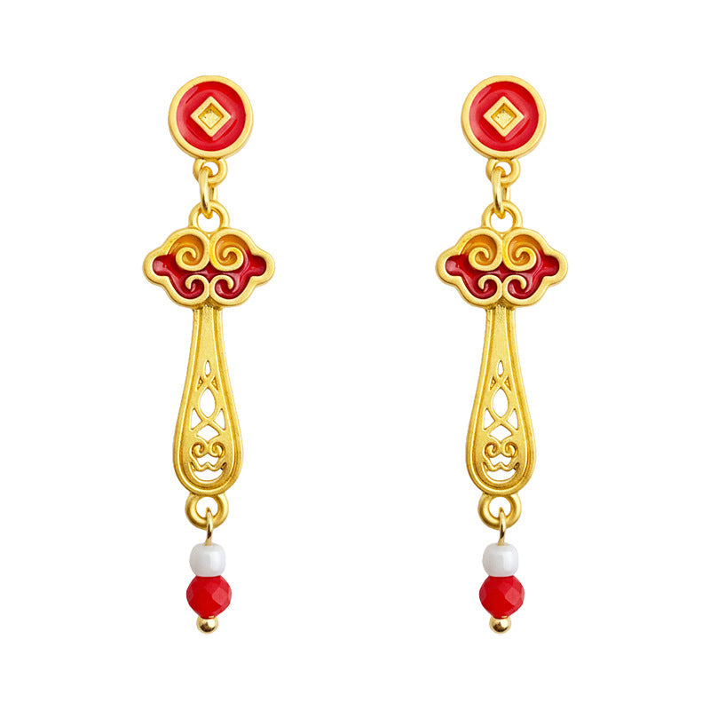 A廠【7214】新年款玉如意琺瑯手工彩繪滴釉紅色新款耳飾長款國潮耳環飾品
 25.12-2