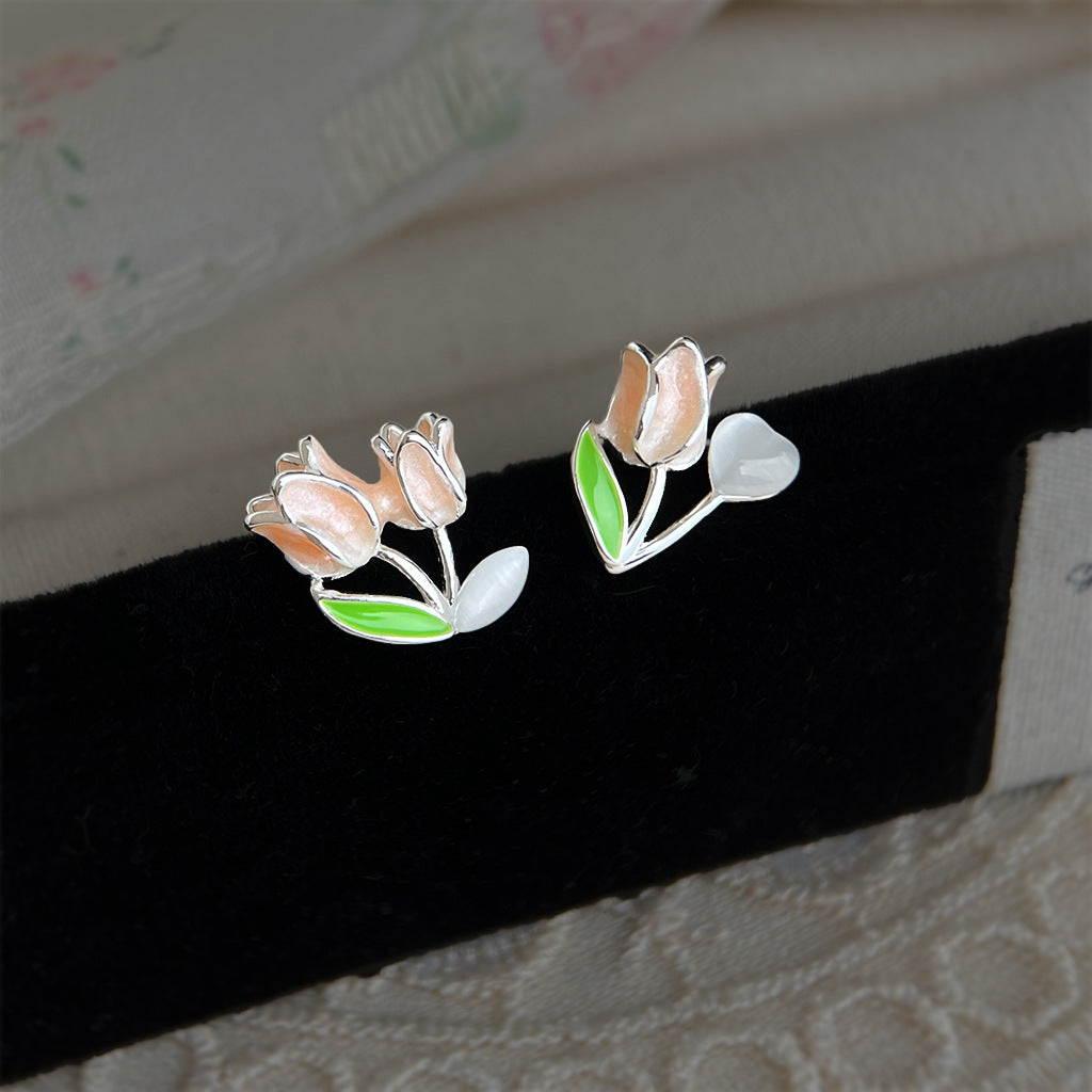 A廠 【4720】清新甜美通勤鬱金香耳環不對稱玻璃貓眼石花朵高級感氣質學生耳飾
 26.03-3