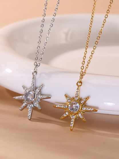 B廠【P1310】超閃5A鋯石八星芒吊墜鎖骨項鍊雙層疊戴飾品不鏽鋼18k鍍金 25.07-1