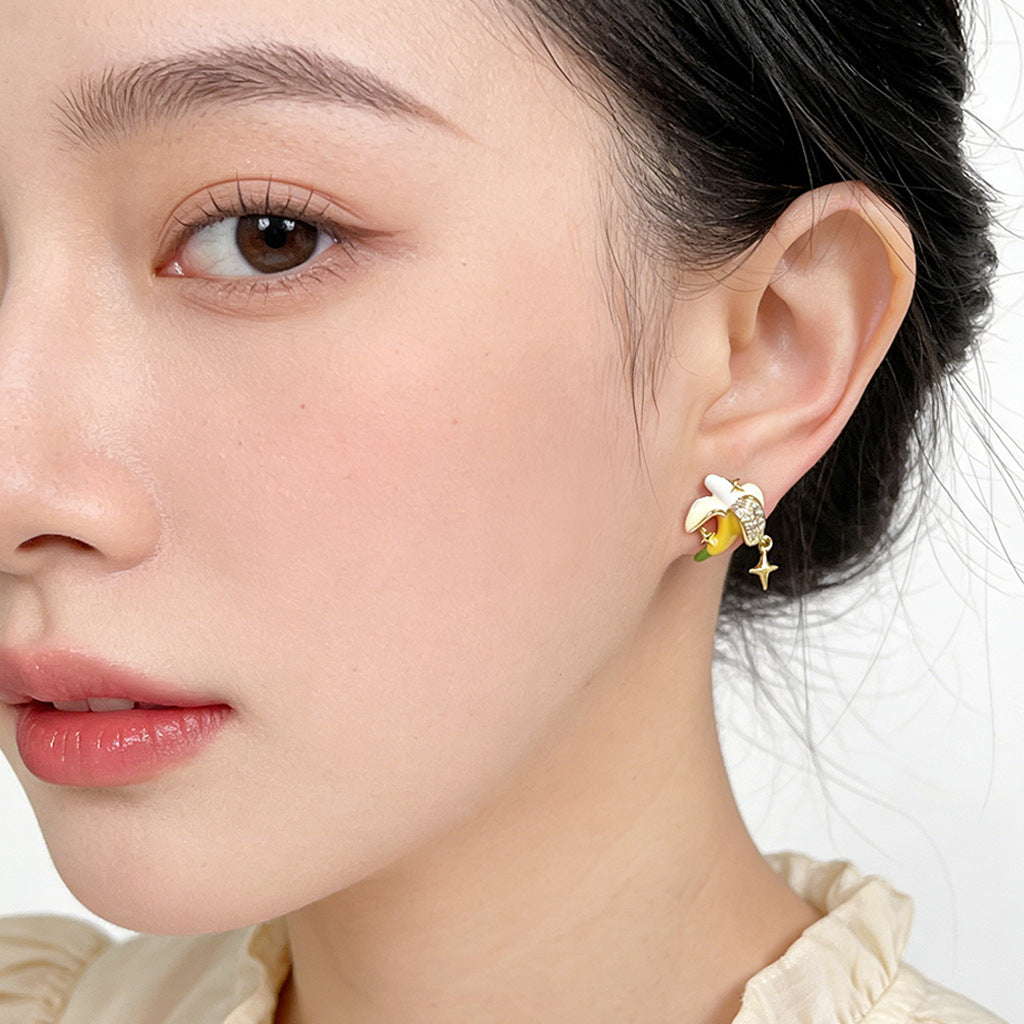 A廠【7453】原創個性清新甜美微鑲鋯石手工彩繪琺瑯滴釉香蕉耳環飾品耳飾
 26.04-1