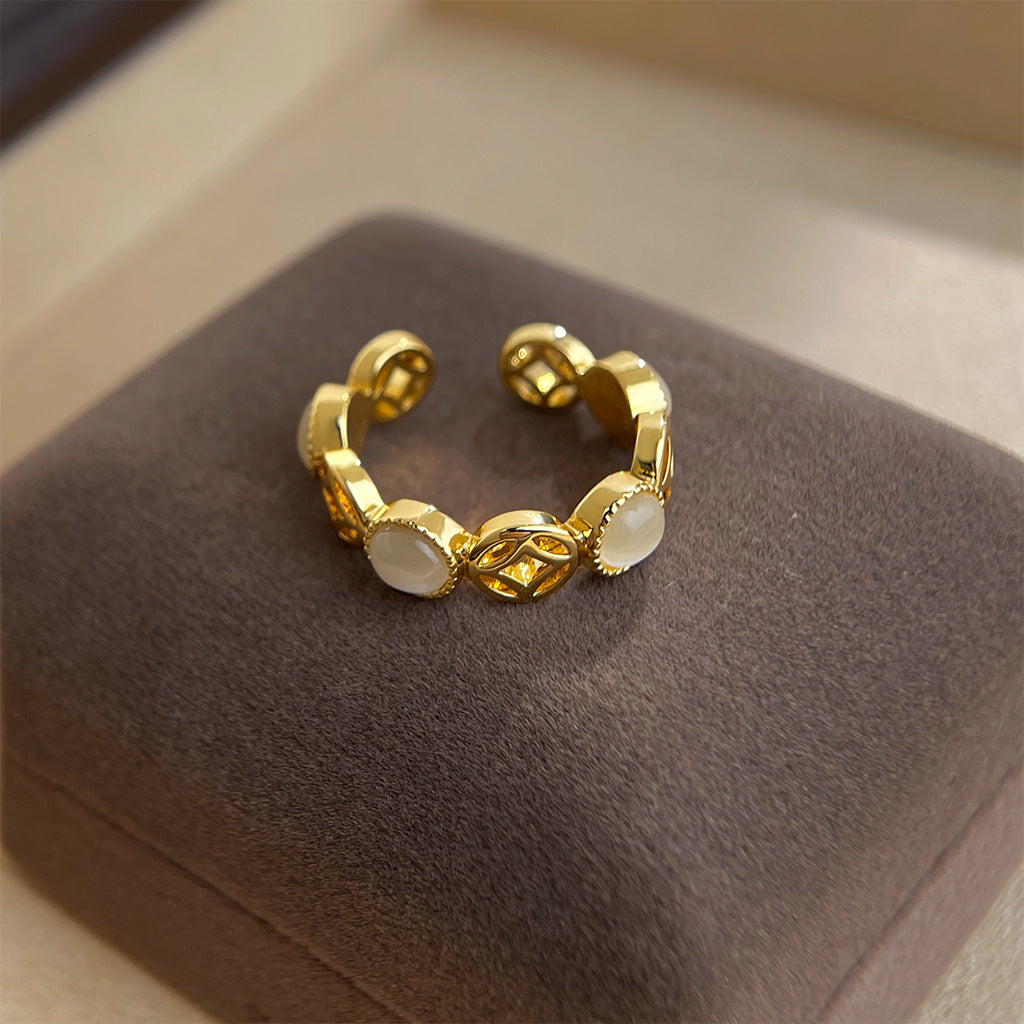 A廠【7241】【八方來財】厚鍍真金保色玻璃貓眼石戒指開口可調指環手飾 25.12-3