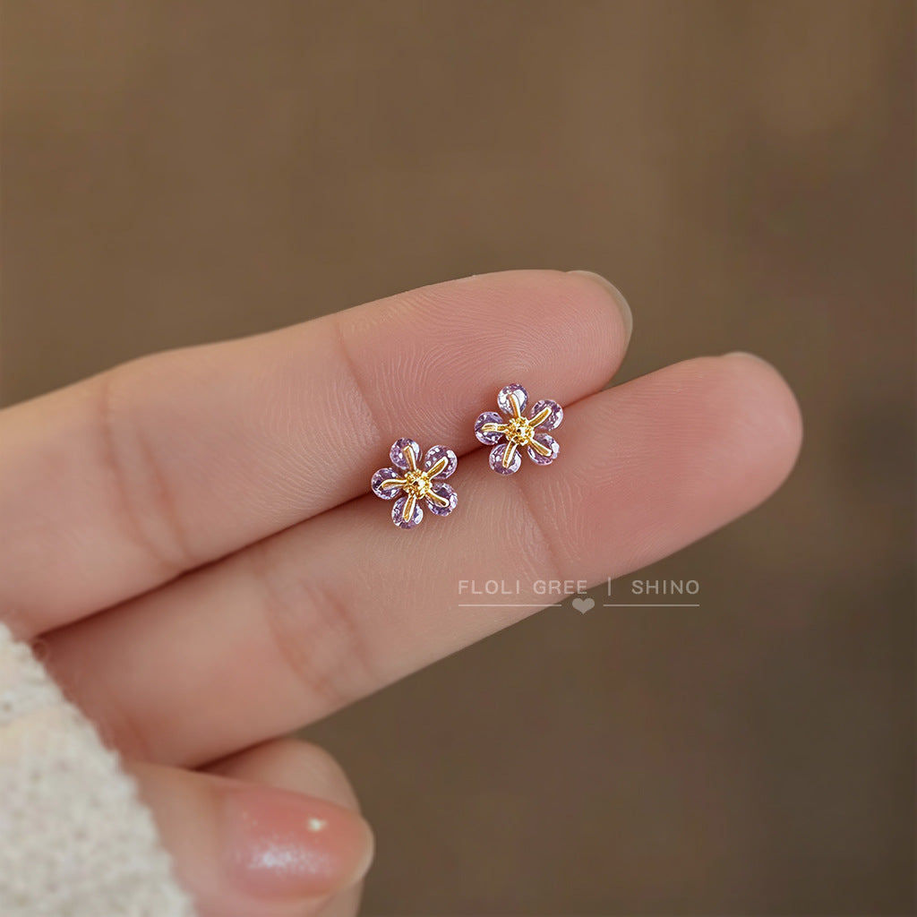 A廠【7866】迷你版紫色鋯石小花朵耳環日常通勤簡約百搭學生耳飾女 26.07-3