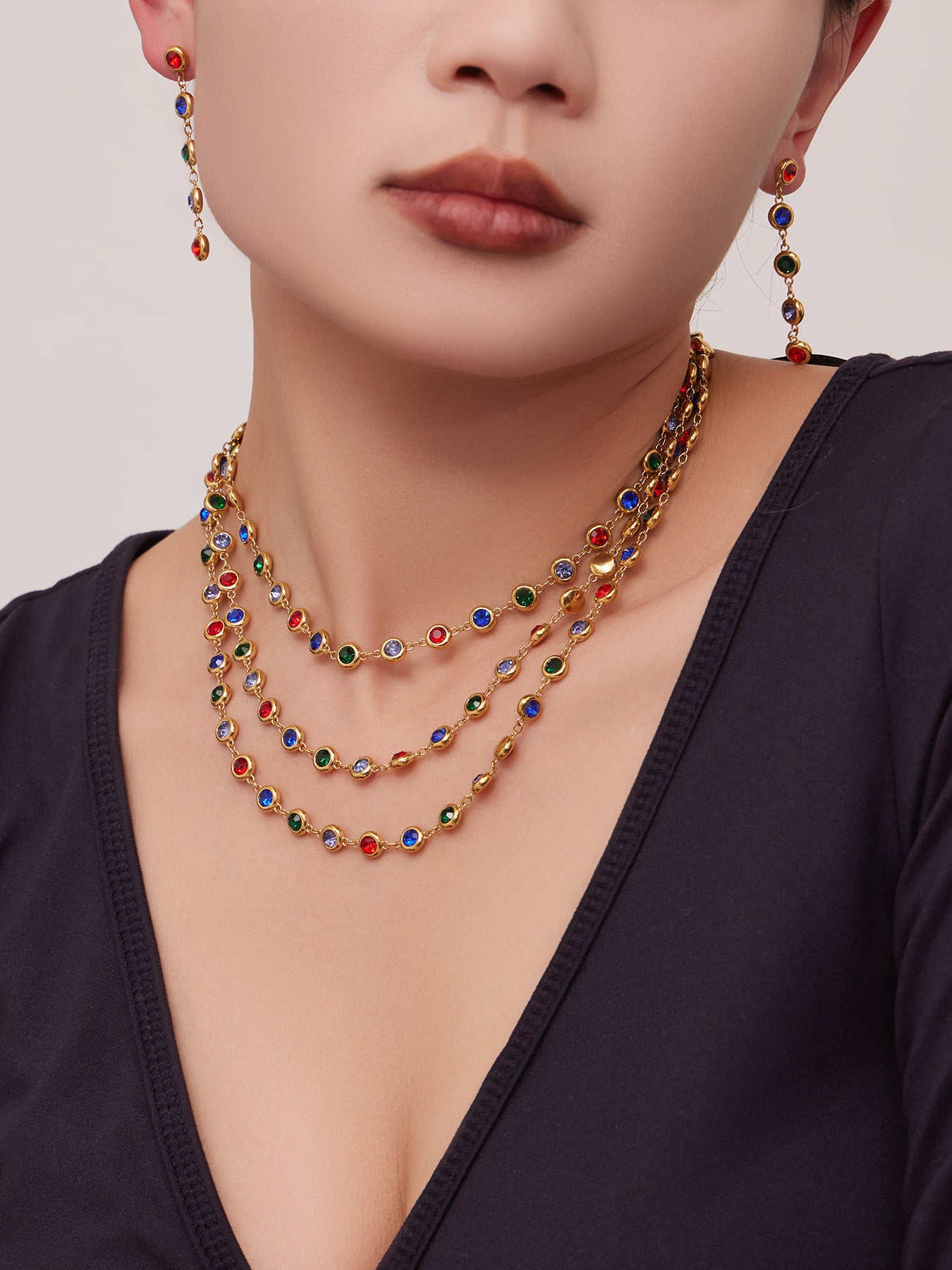 B廠【TXP552】chic奢華5A圓鋯拼接不鏽鋼手鍊項鍊精緻時尚氣質彩鑽流蘇耳環套裝
 26.03-2