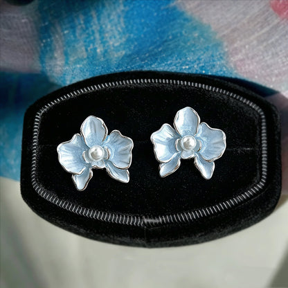A廠【7733】原創蝴蝶蘭~琺瑯滴釉手工彩繪藍色花朵清新甜美耳飾森系耳釘
 26.06-3