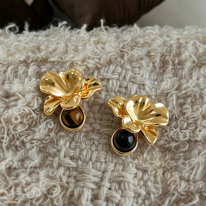 A廠【8413】虎眼石美拉德花朵文藝復古天然石耳釘飾品
 26.10-4