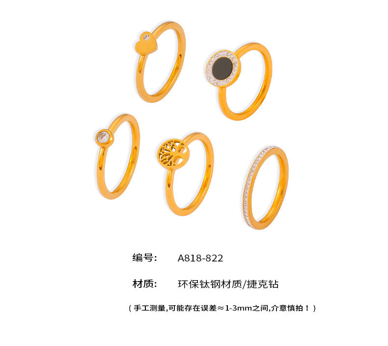 B廠【A818】歐美跨境飾品生命樹光面鈦鋼鍍18真金戒指鍍愛心帶鑽尾戒 24.05-4