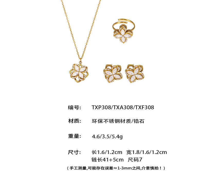 B廠【TXP308】超閃5A鋯石旋轉花朵吊墜項鍊戒指耳環組不銹鋼鍍18k真金 25.07-2
