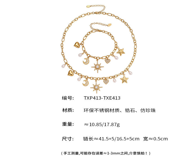 B廠【TXP413】新款星月八星芒鋯石貝珠五角星DIY多配件鎖骨項鍊手鍊套裝
 25.10-1