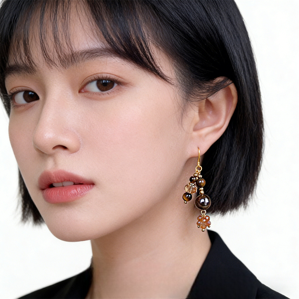 A廠【7275】文藝復古中古風手工藝原創設計感長款天然石虎眼石流蘇耳環耳環
 26.08-1