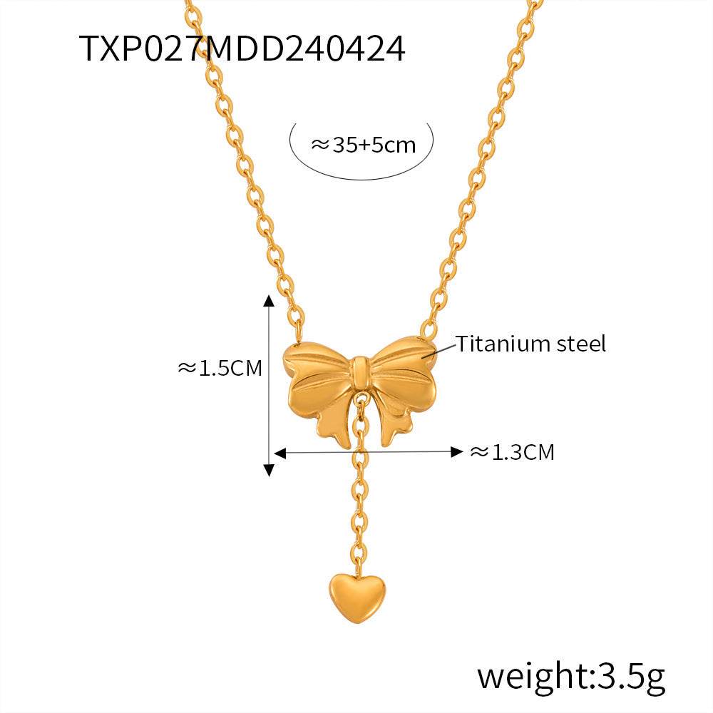 B廠【TXP027】歐美跨境蝴蝶結簡約個性項鍊女愛心長款流蘇吊墜鈦鋼耳環套裝 24.05-1