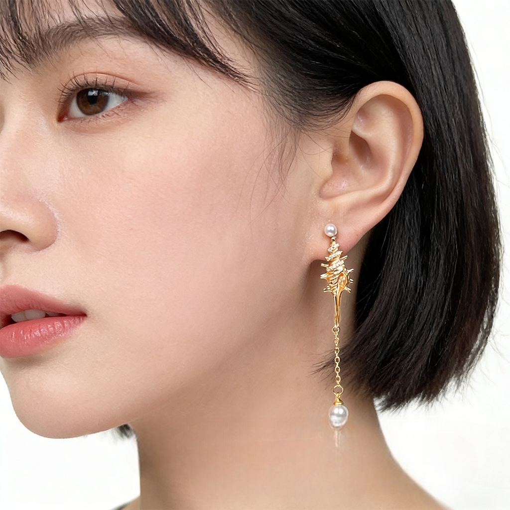 A廠【7336】原創時尚高級感微鑲鋯石S925銀針長款海螺新款耳環飾品耳飾女
 26.03-2