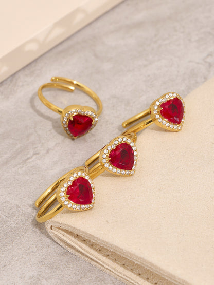 B廠【TXP354】新款紅色玻璃愛心滿鑽鎖骨項鍊耳環戒指不銹鋼材質飾品套裝 25.08-2