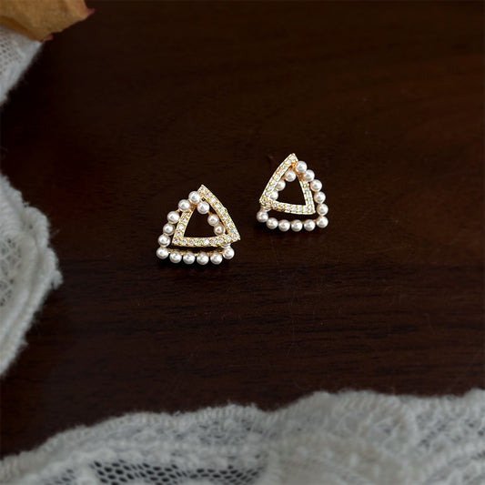 A廠【7217】幾何立體微鑲鋯石925銀針三角形珍珠時尚簡約通勤百搭耳環 耳飾女
 25.12-4