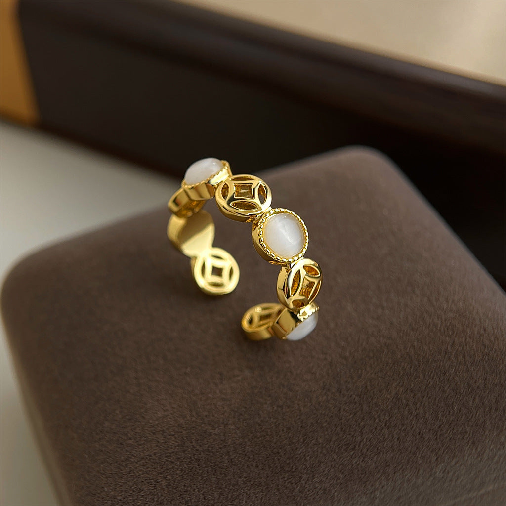 A廠【7241】【八方來財】厚鍍真金保色玻璃貓眼石戒指開口可調指環手飾 25.12-3