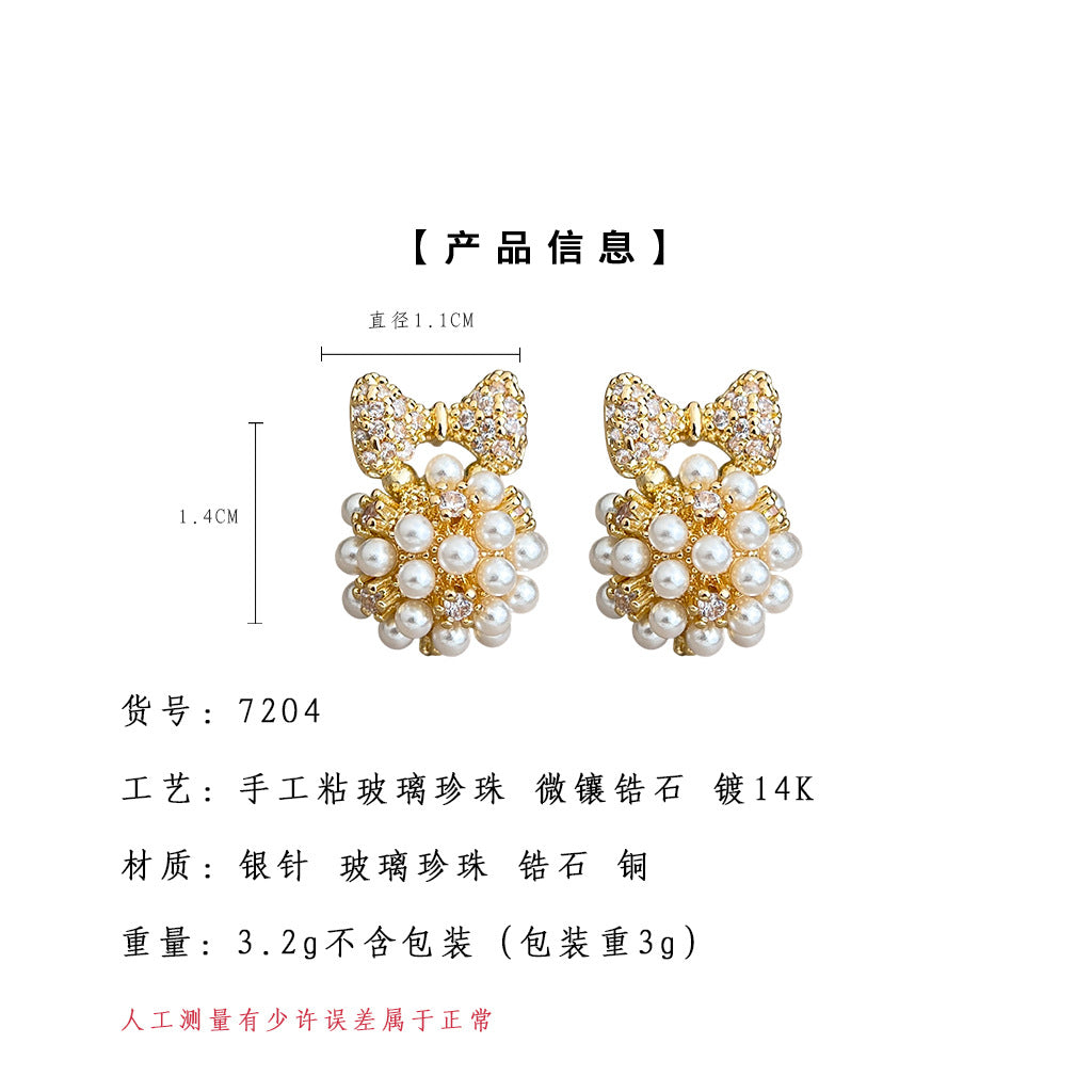 A廠【7204】時尚高級感小香風s925銀針微鑲鋯石蝴蝶結幾何清新甜美耳飾耳環女
 25.12-2