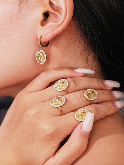 B廠【TXF325】超閃5A鋯石圓牌耶穌滿鑽設計耳環戒指組不鏽鋼18k鍍真金 25.08-2