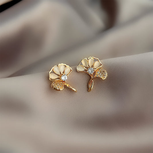 A廠【4730】微鑲鋯石玻璃貓眼石鍍14K銀杏葉耳環 氣質簡約優雅百搭輕奢風耳飾
 26.02-1