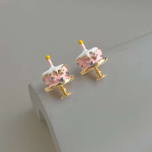 A廠【7442】原創設計師款可愛清新甜美小眾個性生日蛋糕小耳環琺瑯彩繪耳飾女
 26.03-4