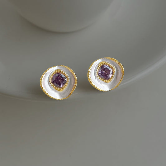 A廠【7464】時尚高級感鑲嵌鋯石紫色氣質優雅幾何曲面圓形耳環耳飾女
 26.04-1