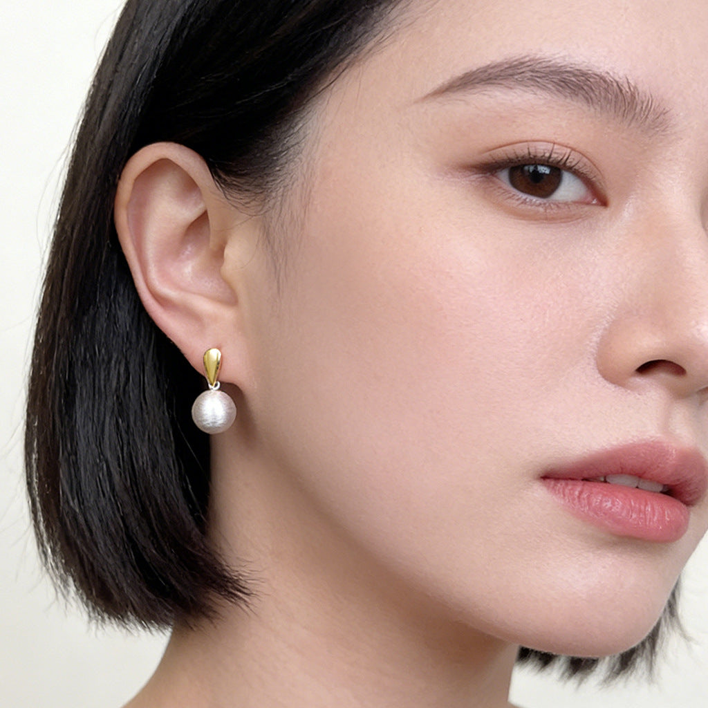 A廠【7505】雙色電鍍拉絲質感圓形幾何球球銀針耳環時尚高級感水滴耳飾女
 26.04-3