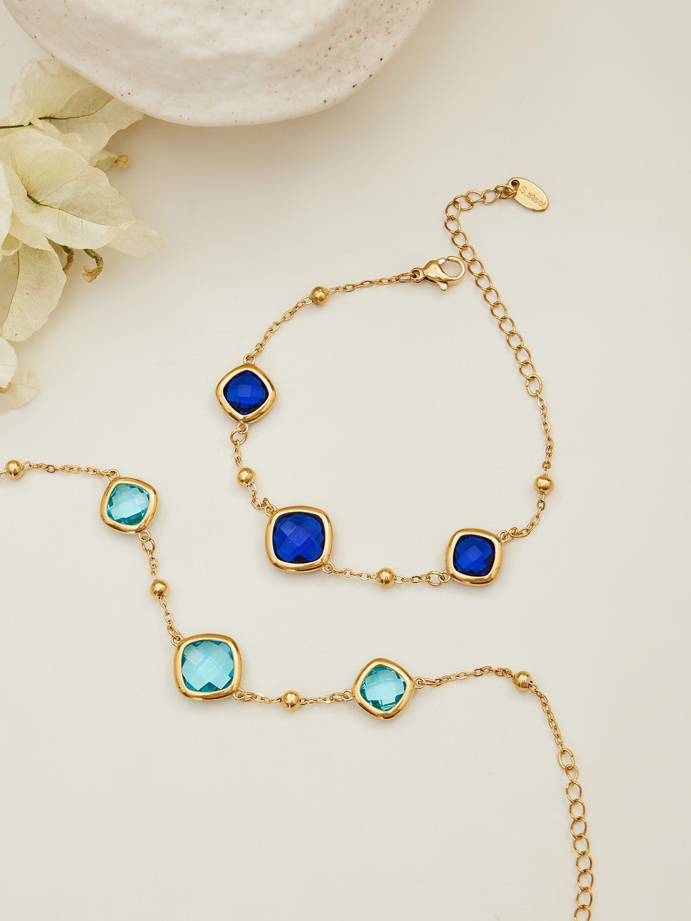 B廠【TXP517】不銹鋼方形切麵包邊玻璃石吊墜耳環項鍊手鍊珠寶首飾套裝鍍18k金
 25.12-2