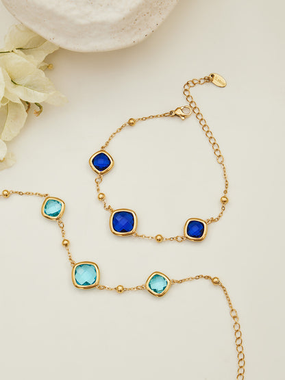 B廠【TXP517】不銹鋼方形切麵包邊玻璃石吊墜耳環項鍊手鍊珠寶首飾套裝鍍18k金
 25.12-2