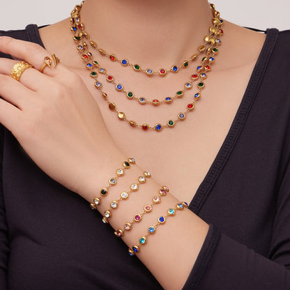 B廠【TXP552】chic奢華5A圓鋯拼接不鏽鋼手鍊項鍊精緻時尚氣質彩鑽流蘇耳環套裝
 26.03-2