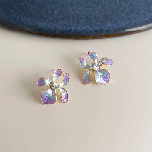 A廠【7190】鳶尾花系列手工彩繪琺瑯滴釉漸變色清新甜美耳飾s925銀針耳環
 26.01-1