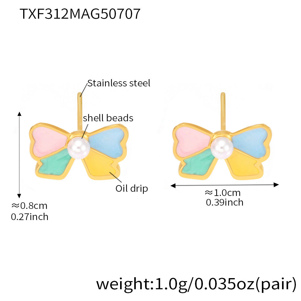 B廠【TXP312】新款兒童飾品不鏽鋼貝殼珠蝴蝶結滴油項鍊手鍊戒指耳環套裝 25.07-2