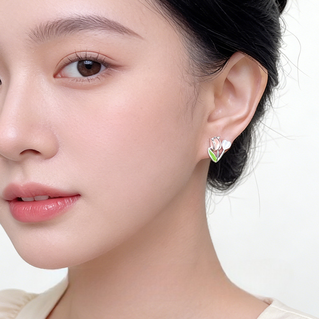 A廠 【4720】清新甜美通勤鬱金香耳環不對稱玻璃貓眼石花朵高級感氣質學生耳飾
 26.03-3