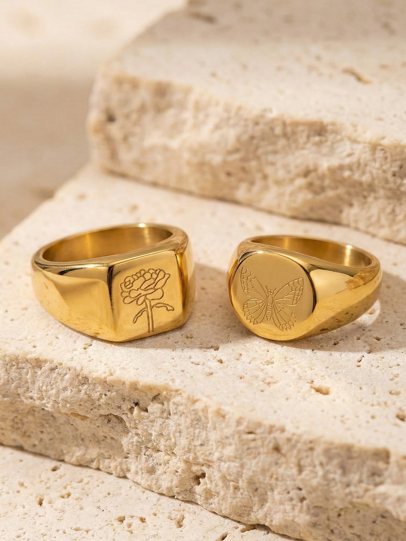 B廠【A271】不鏽鋼鍍18k真金雕刻蝴蝶牡丹花朵戒指ins風小眾輕奢設計感手環女
 26.01-1