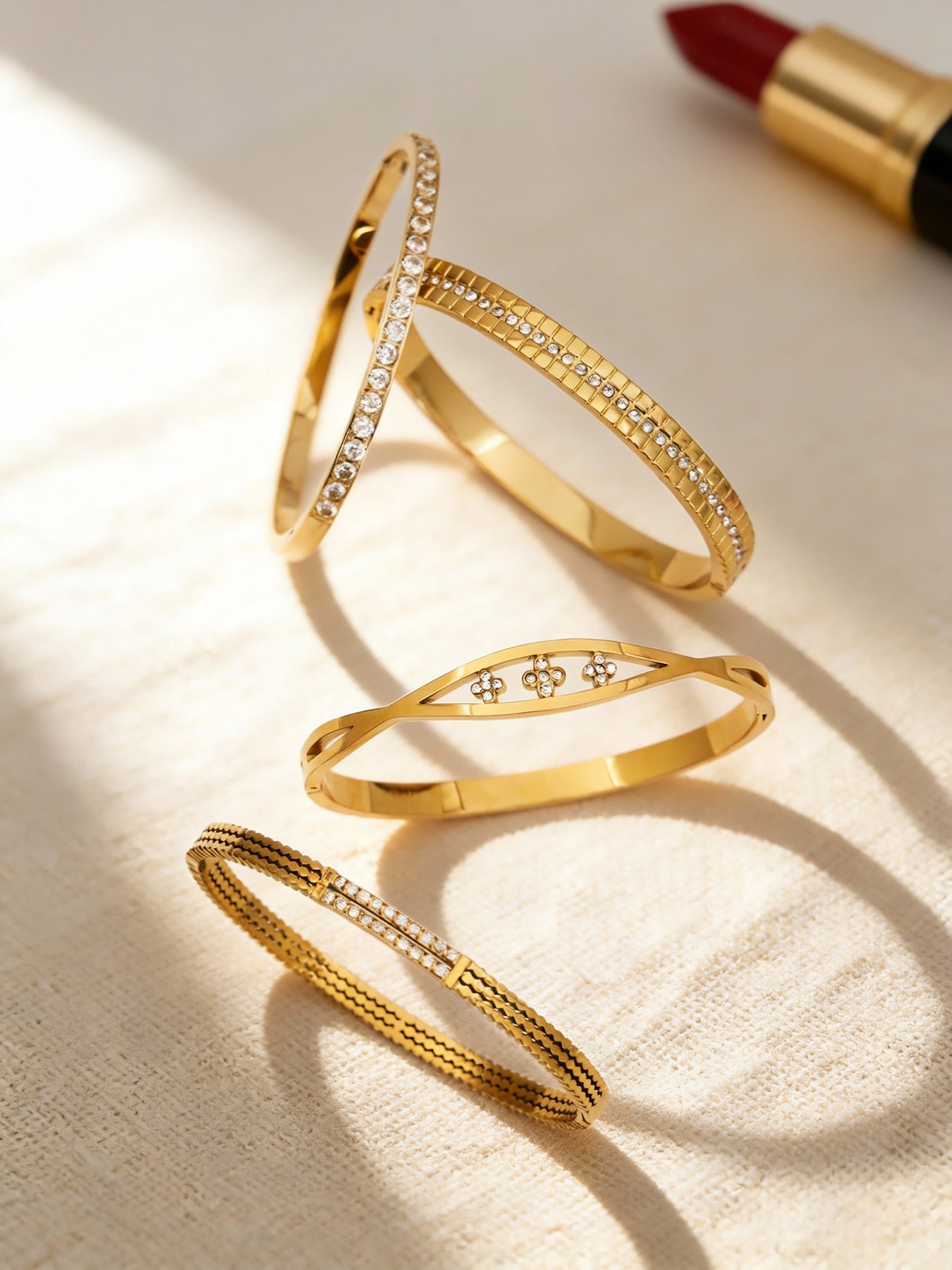 B廠【Z512】不鏽鋼單排鑽鋯石卡扣手鐲組合歐美時尚潮酷手飾鍍18k金不掉色
 25.12-2