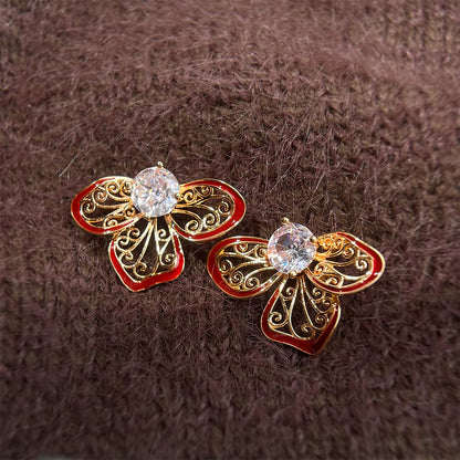 A廠【7071】 法式復古鏤空蕾絲花朵耳飾鑲嵌鋯石酒紅色琺琅滴釉輕奢氣質耳環女
 26.09-4