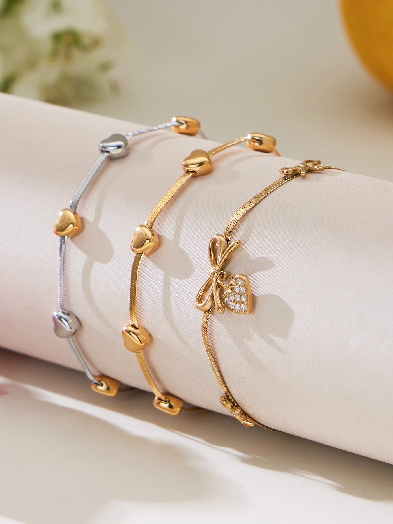 B廠【TXP499】不銹鋼蝴蝶結愛心鋯石滿鑽吊墜刀片鍊手鍊項鍊首飾組鍍18k真金
 25.11-4