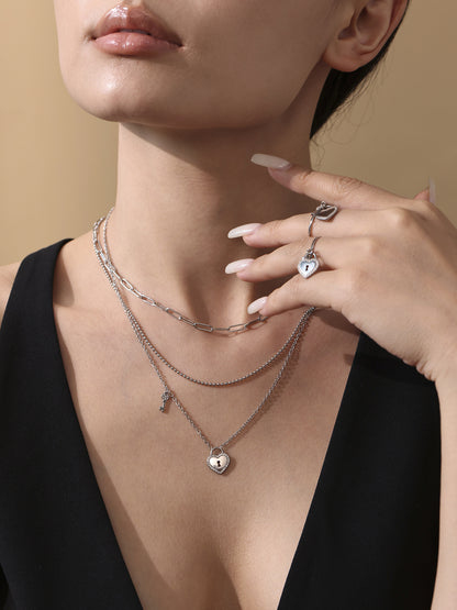 B廠【TXP299】歐美不銹鋼5A鋯石愛心鎖頭鑰匙棍吊墜鎖骨項鍊戒指飾品套裝 25.07-2