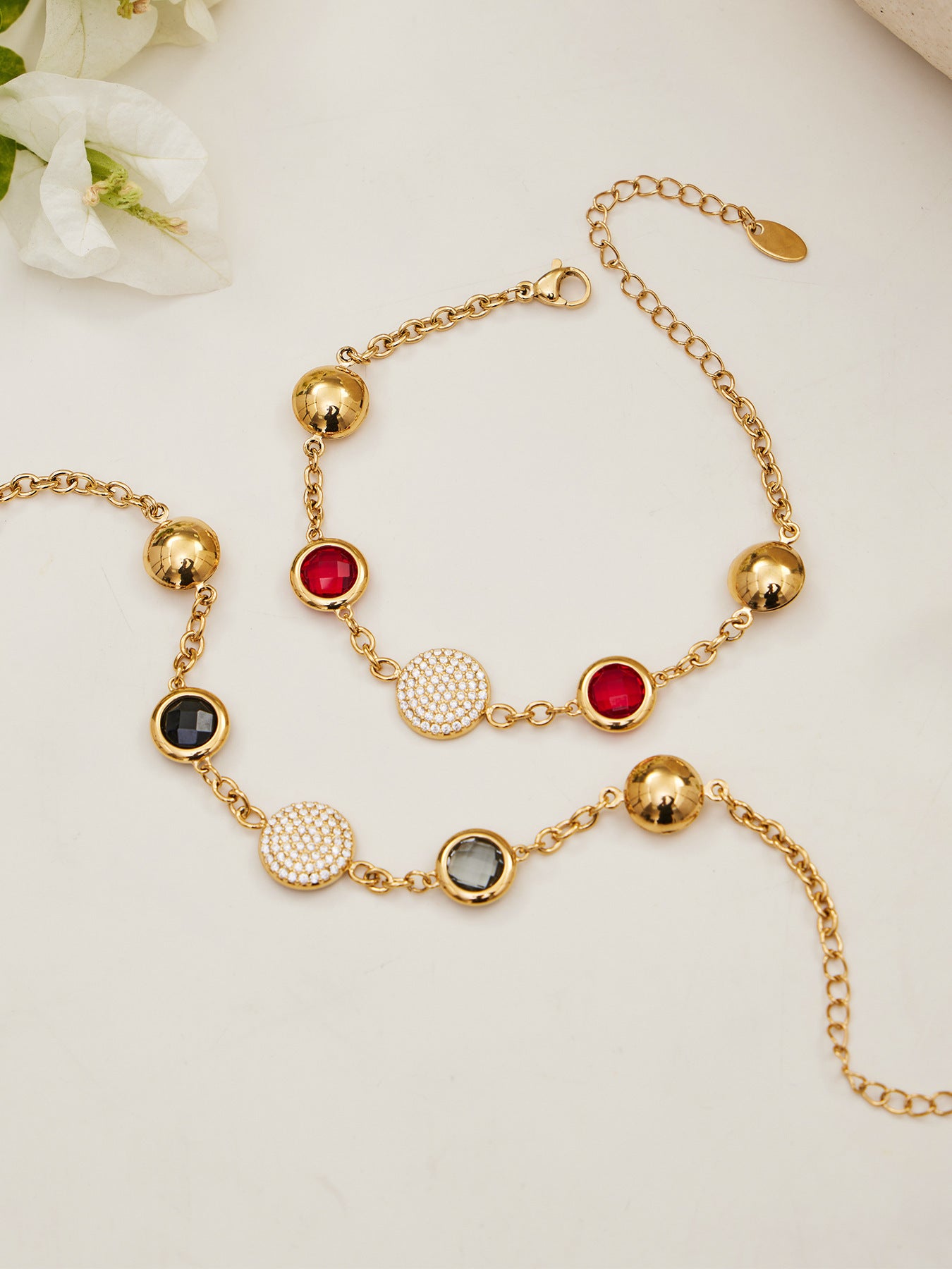 B廠【TXE508】不鏽鋼滿鑽鋯石切面包邊玻璃石手鍊耳環鍍18k真金首飾組不掉色
 25.12-1