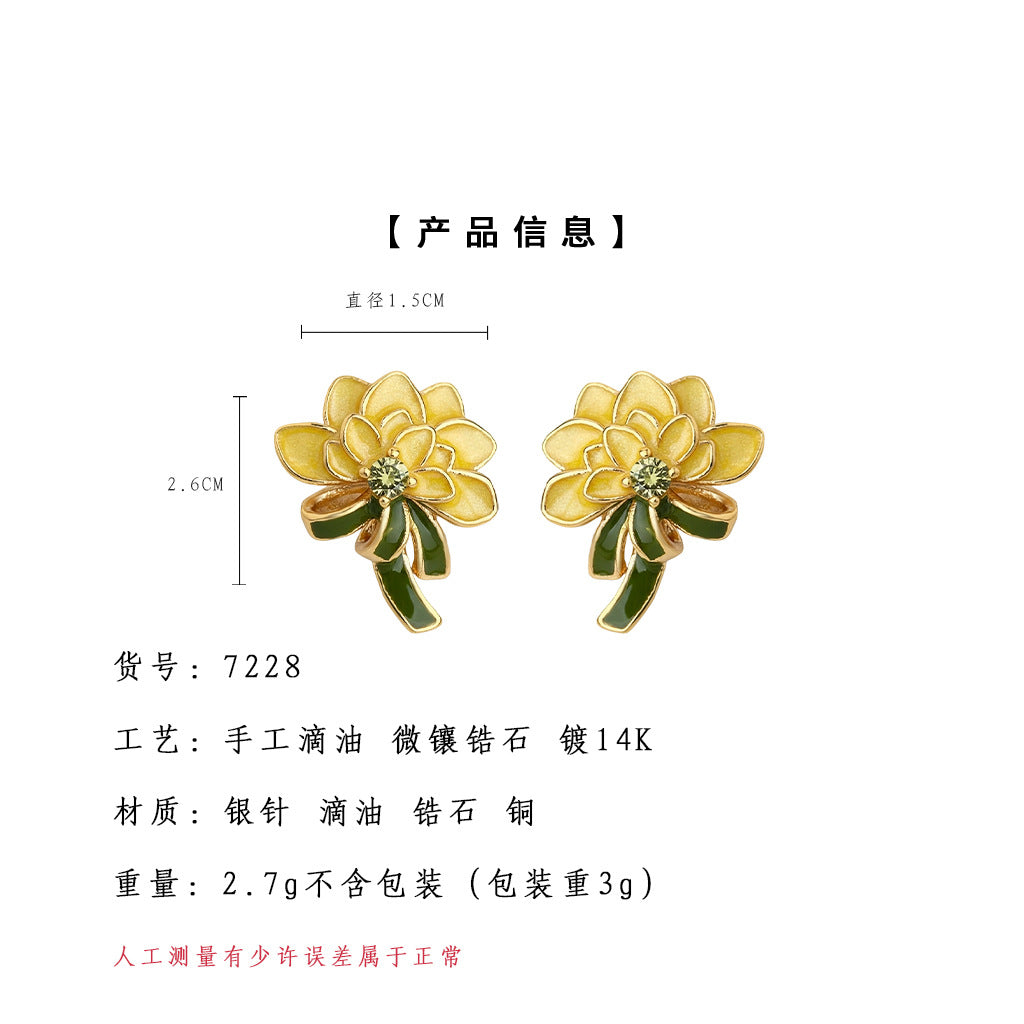 A廠【7228】原創花朵手工彩繪925銀針琺瑯滴釉牡丹花耳環氣質優雅甜美 耳飾女
 25.12-2