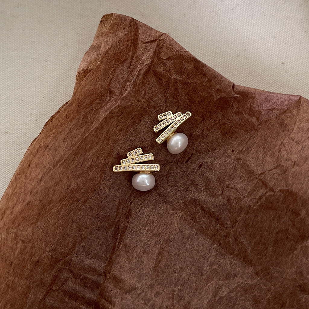 A廠【5041】淡水珍珠微鑲鋯石鍍銀針鍍14K平衡木聖誕樹線條高級感耳環耳飾女 26.07-1