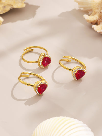 B廠【TXP354】新款紅色玻璃愛心滿鑽鎖骨項鍊耳環戒指不銹鋼材質飾品套裝 25.08-2